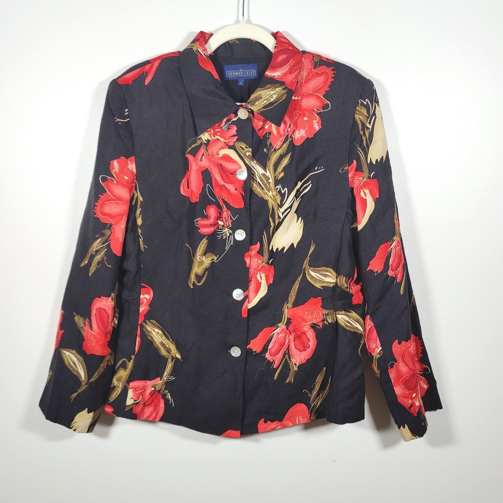 Herman Geist Floral Linen Rayon Jacket 16 Black Red Artsy 90s Statement